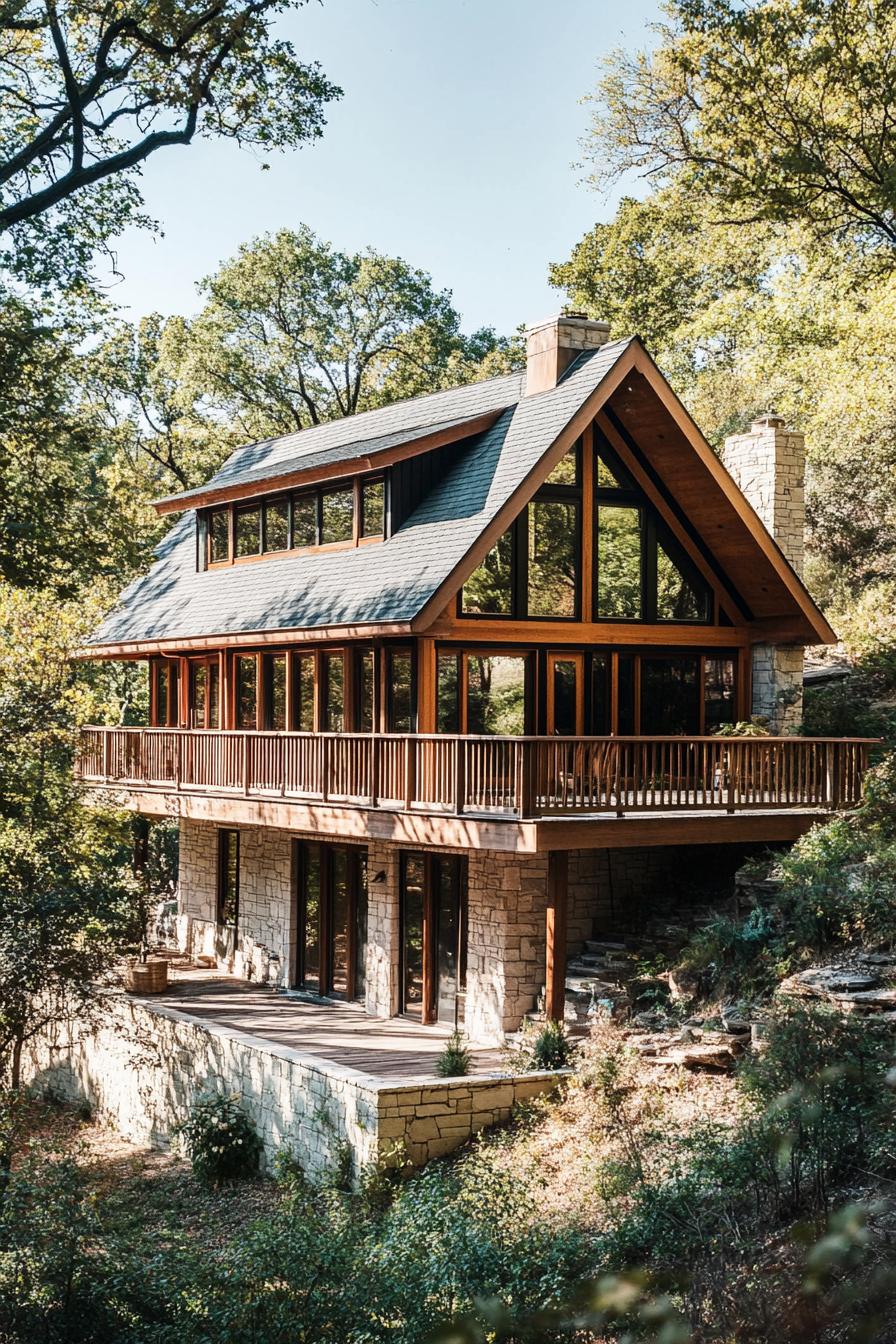 Charming wooden house nestled on a hillside, embraced by greenery