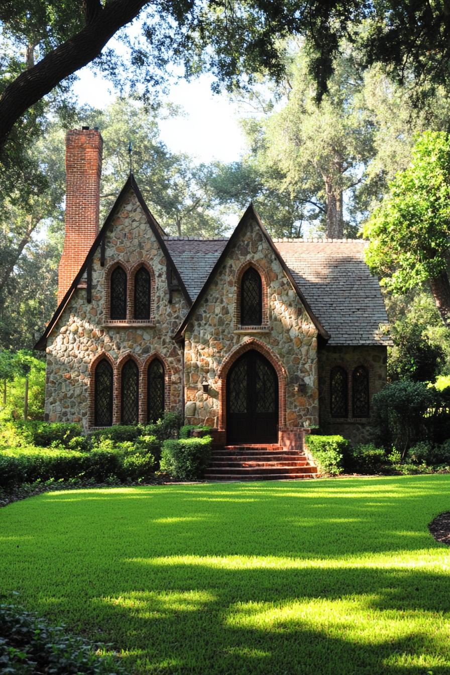 Charming stone house surrounded by lush greenery