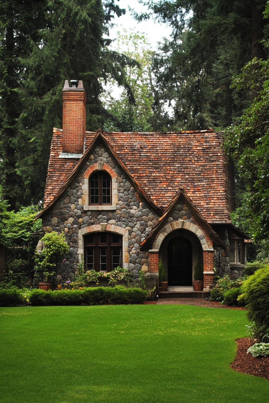 Charming stone cottage with red brick accents and lush greenery