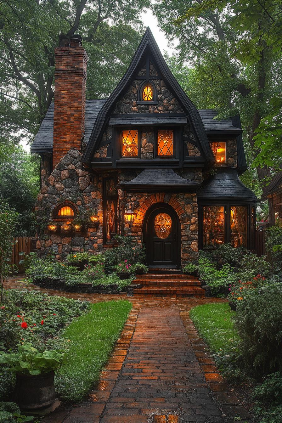 Charming fairy-tale stone house with glowing windows and a lush garden path