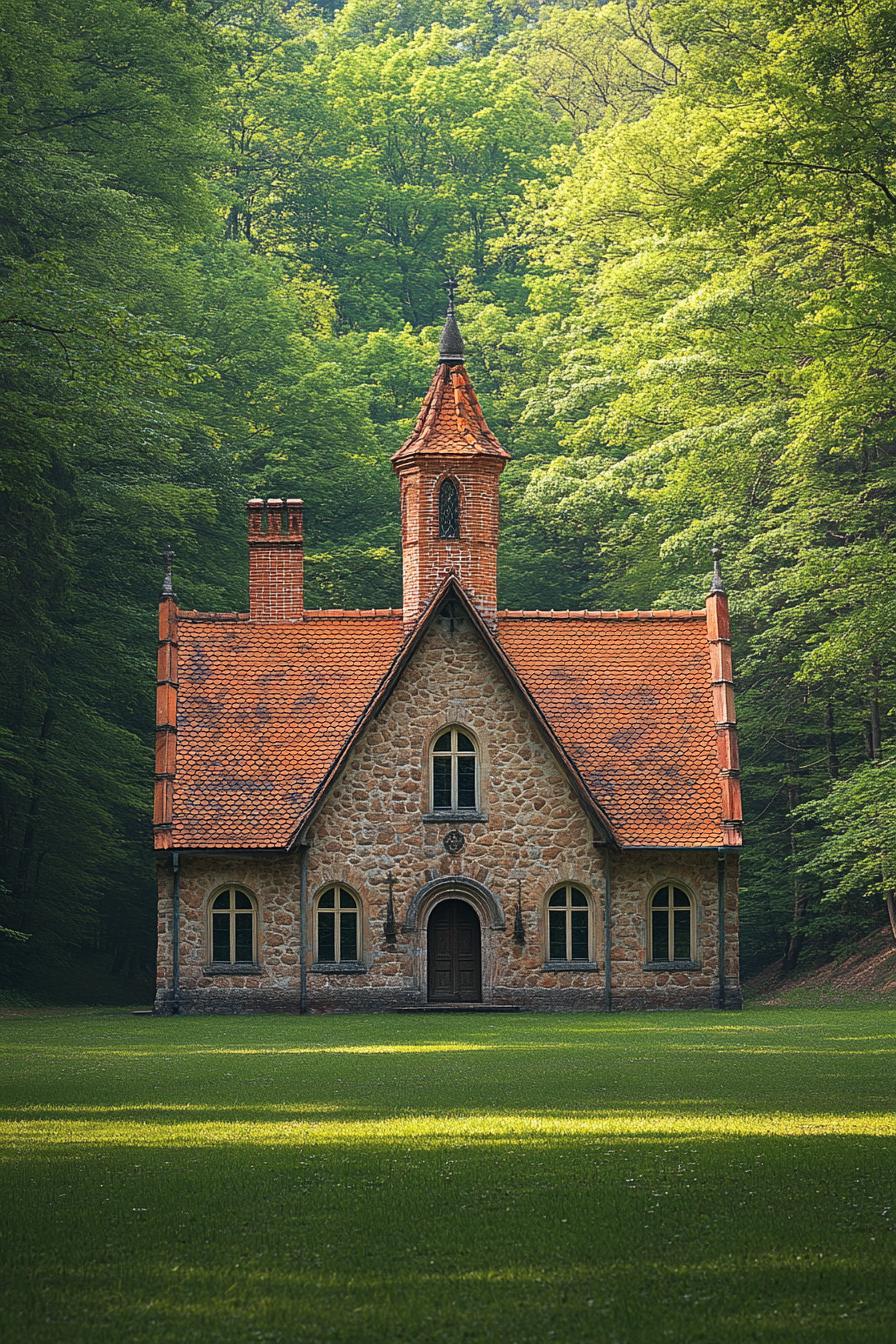 Stone cottage with red roof nestled in lush forest setting