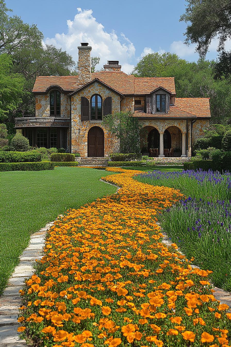 Charming stone house with arched windows and vibrant flower path