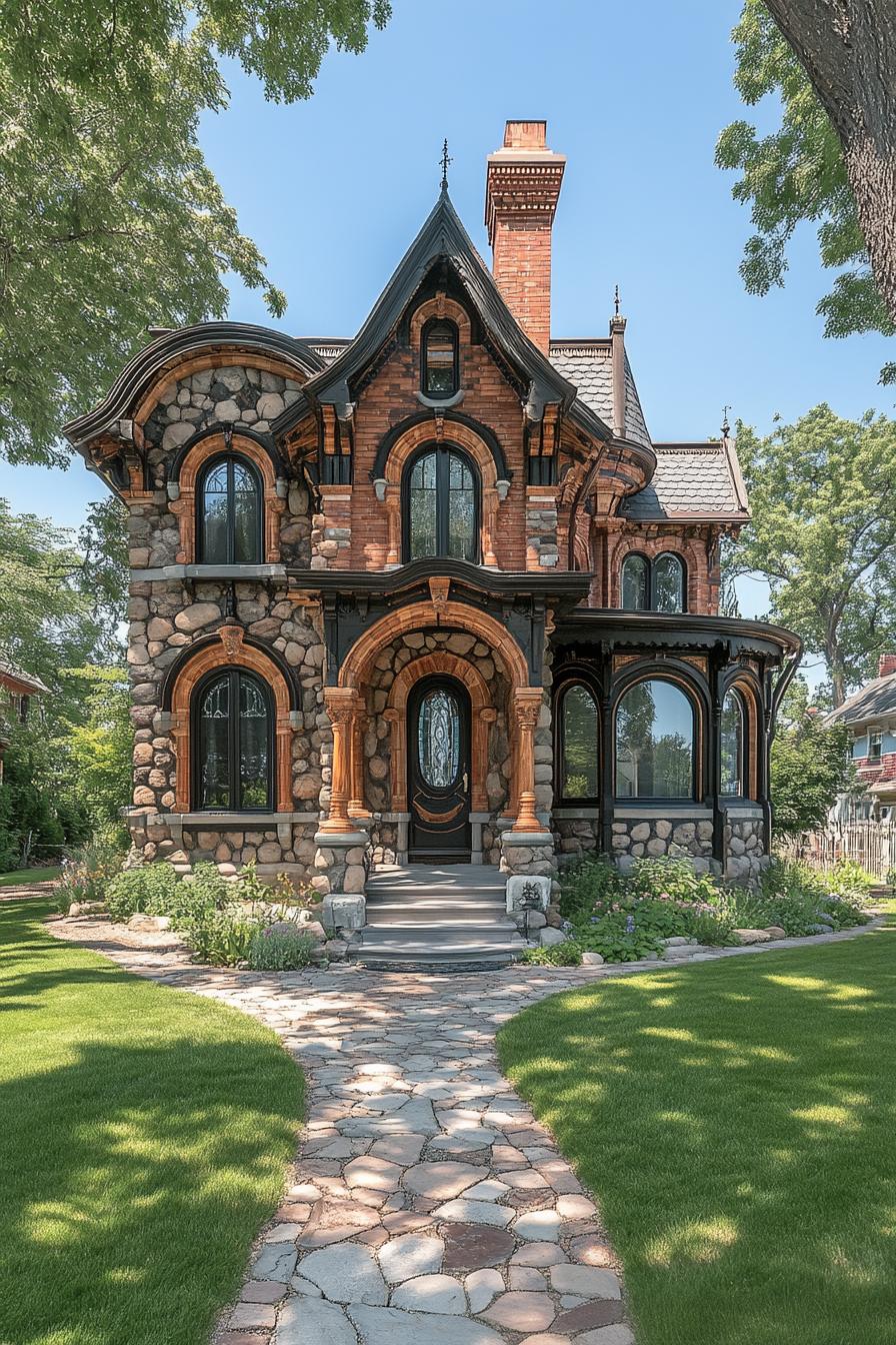 Quaint stone house with arched windows and whimsical roofline