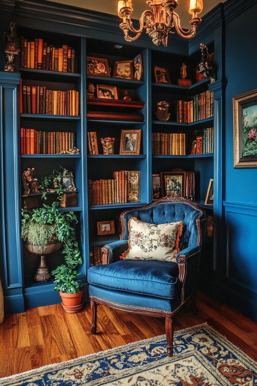 Cozy reading corner with a blue velvet chair and bookshelves