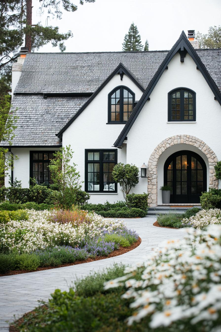 Cottage with gabled roof and gardens