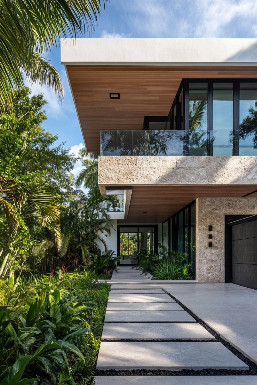 Modern house surrounded by lush greenery and sleek stone pathways