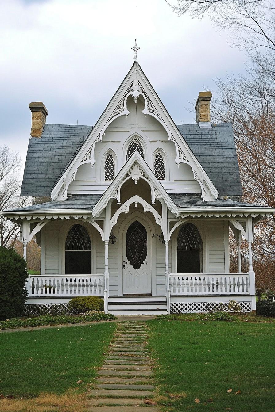 A quaint Gothic-style house with decorative trim and pointed arches