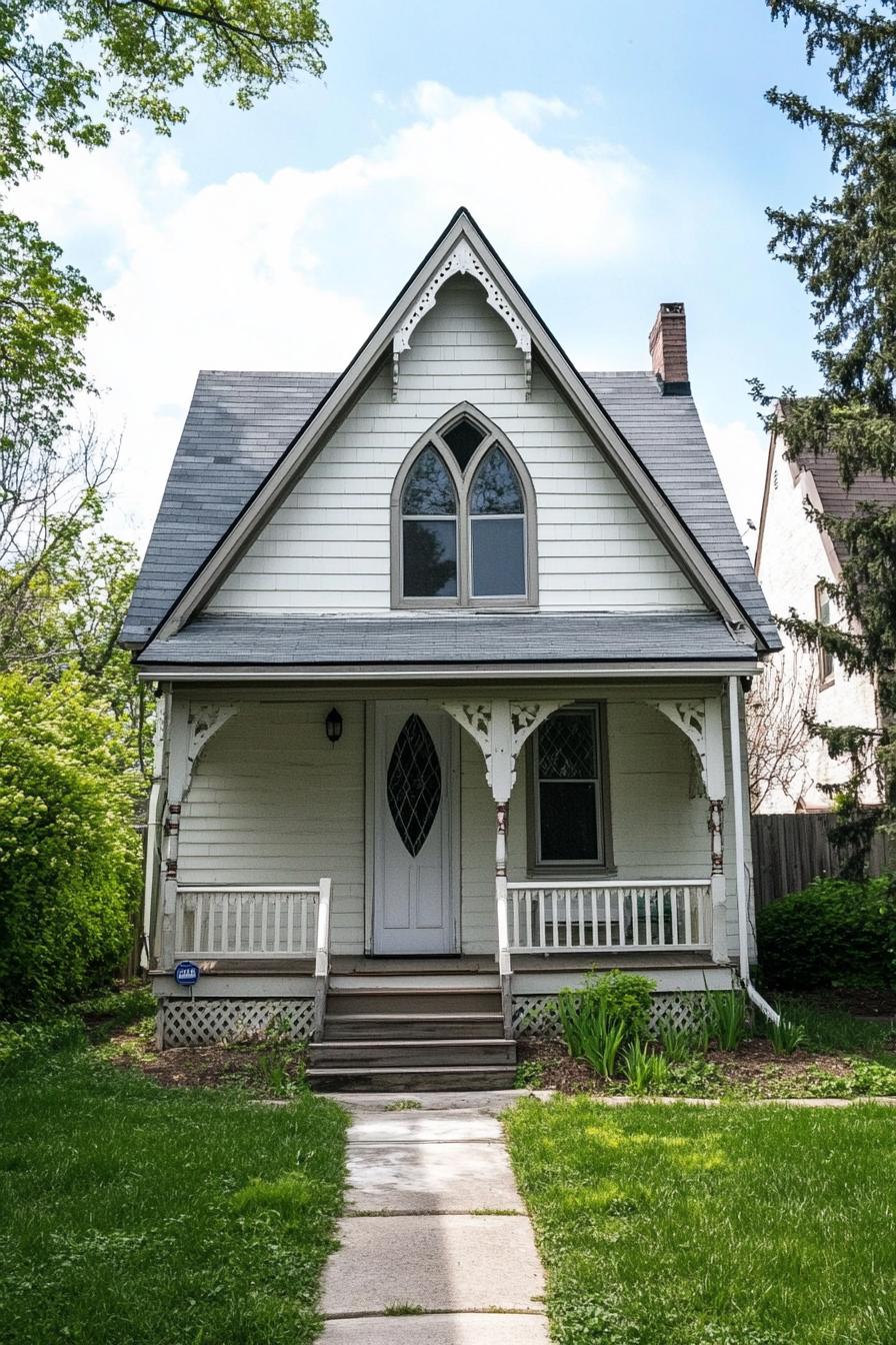 Small Gothic-style house with detailed trim and a charming porch