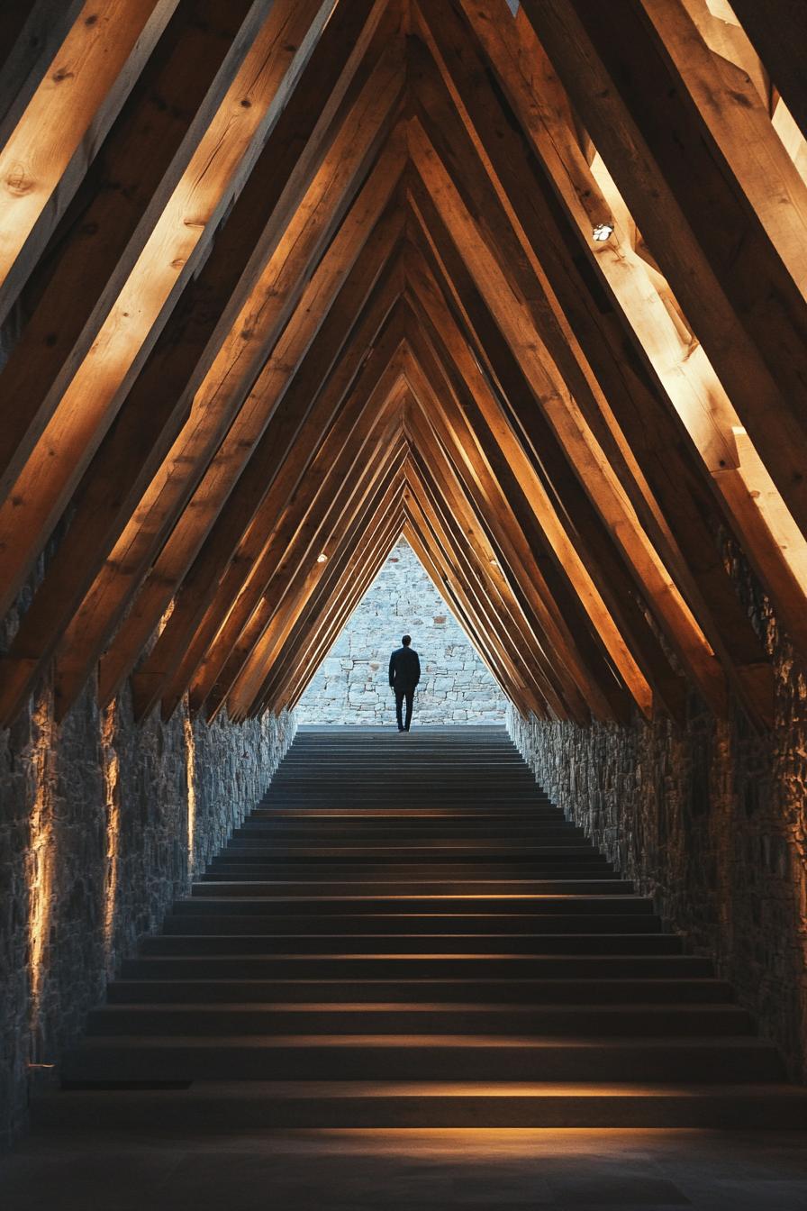 Wooden beams forming a triangular tunnel with a person walking away