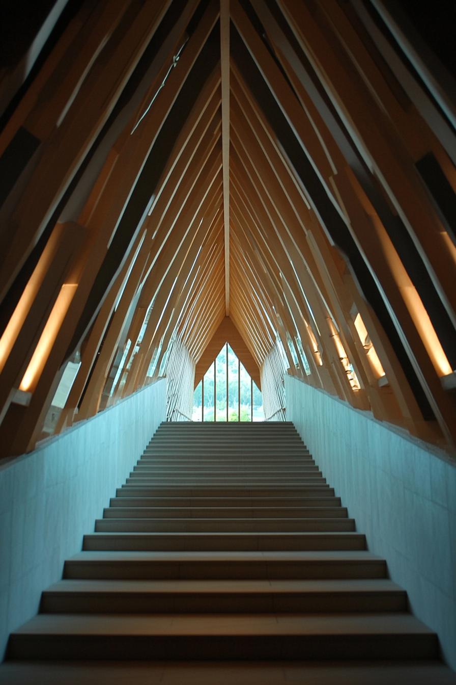 Staircase leading to triangular window framed by wooden beams