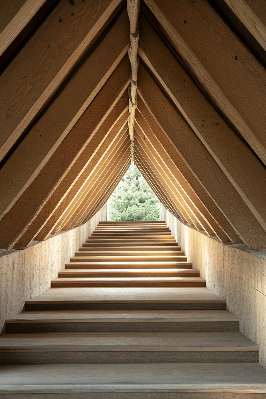 Wooden staircase beneath peaked roof with sunlight streaming through