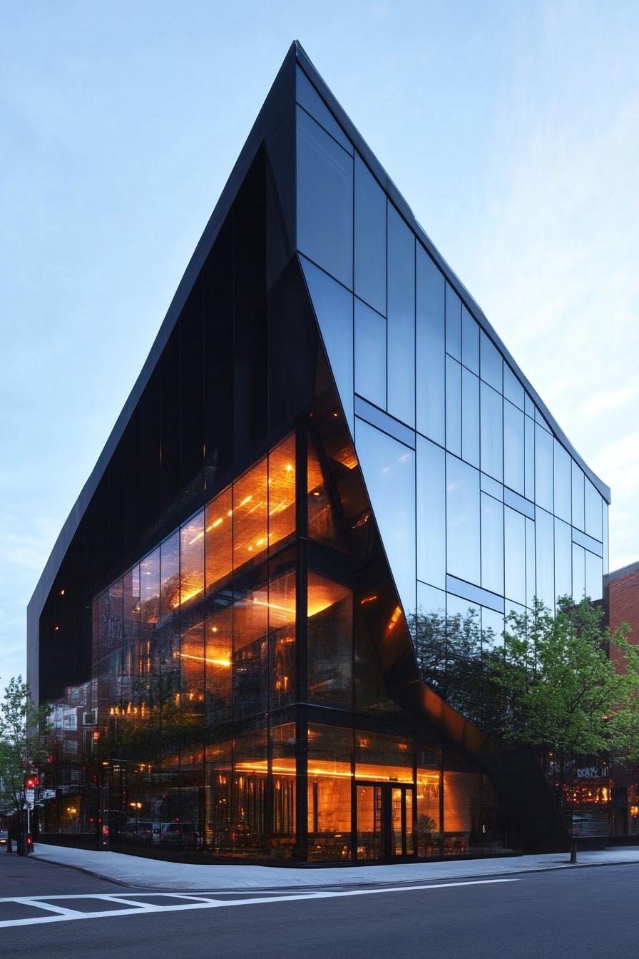 Modern glass building reflecting city lights and sky