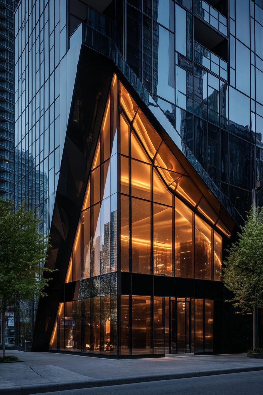 Modern building with a warm, triangular light display