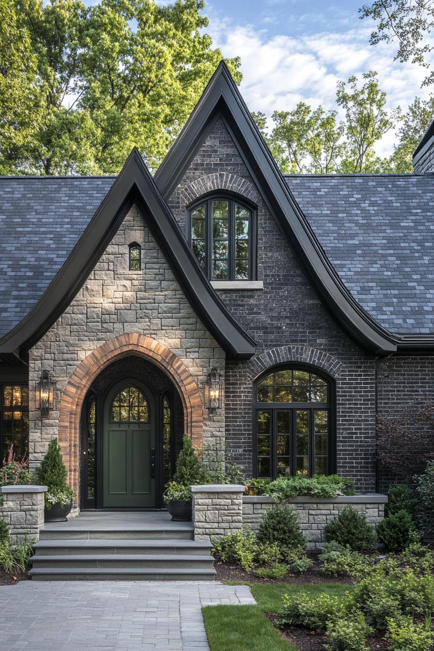 Gothic-inspired stone house with pointed arches and lush greenery