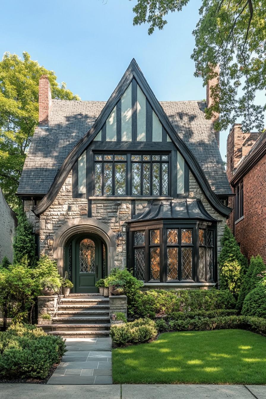 Quaint stone cottage with Gothic archway and lush garden