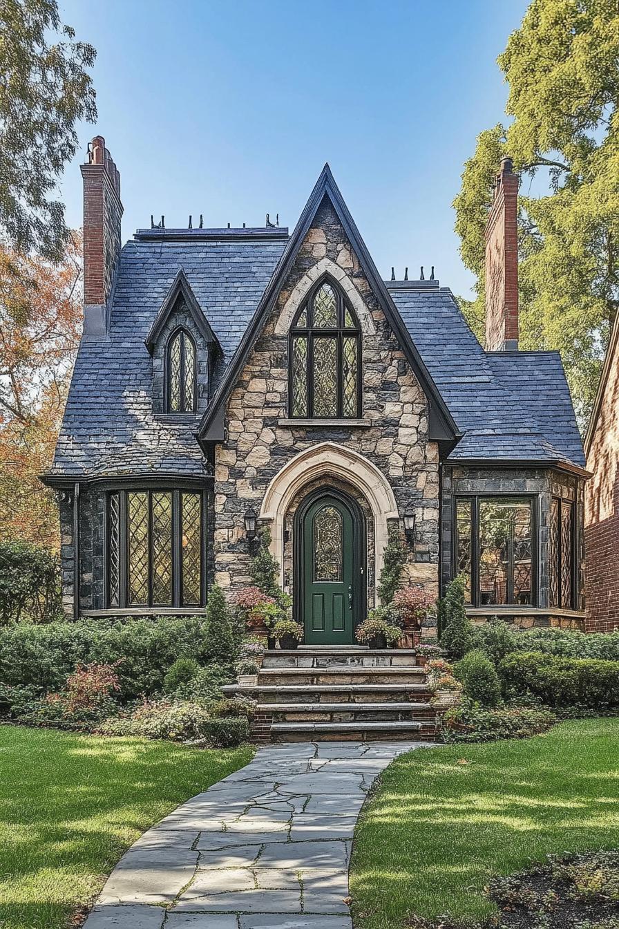 Charming stone cottage with a lush garden and intricate windows