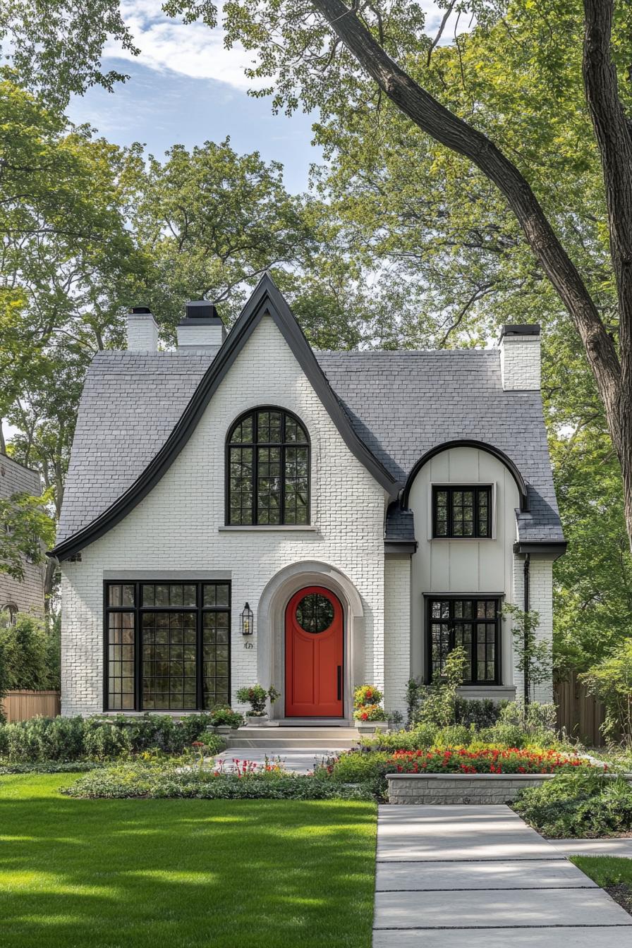 Modern Tudor house with a bold red door among trees