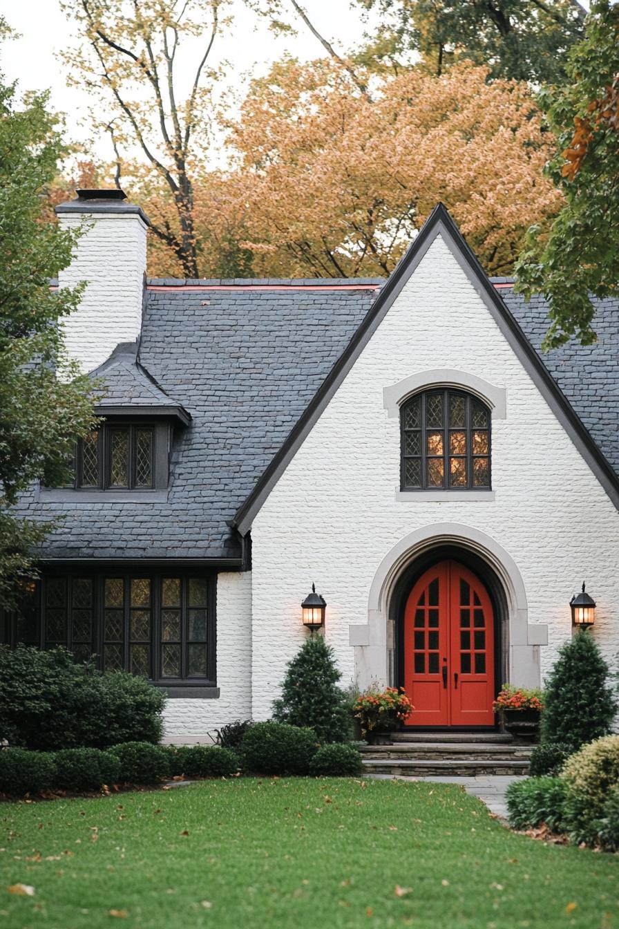 Modern Tudor home with a vibrant red door and elegant brickwork