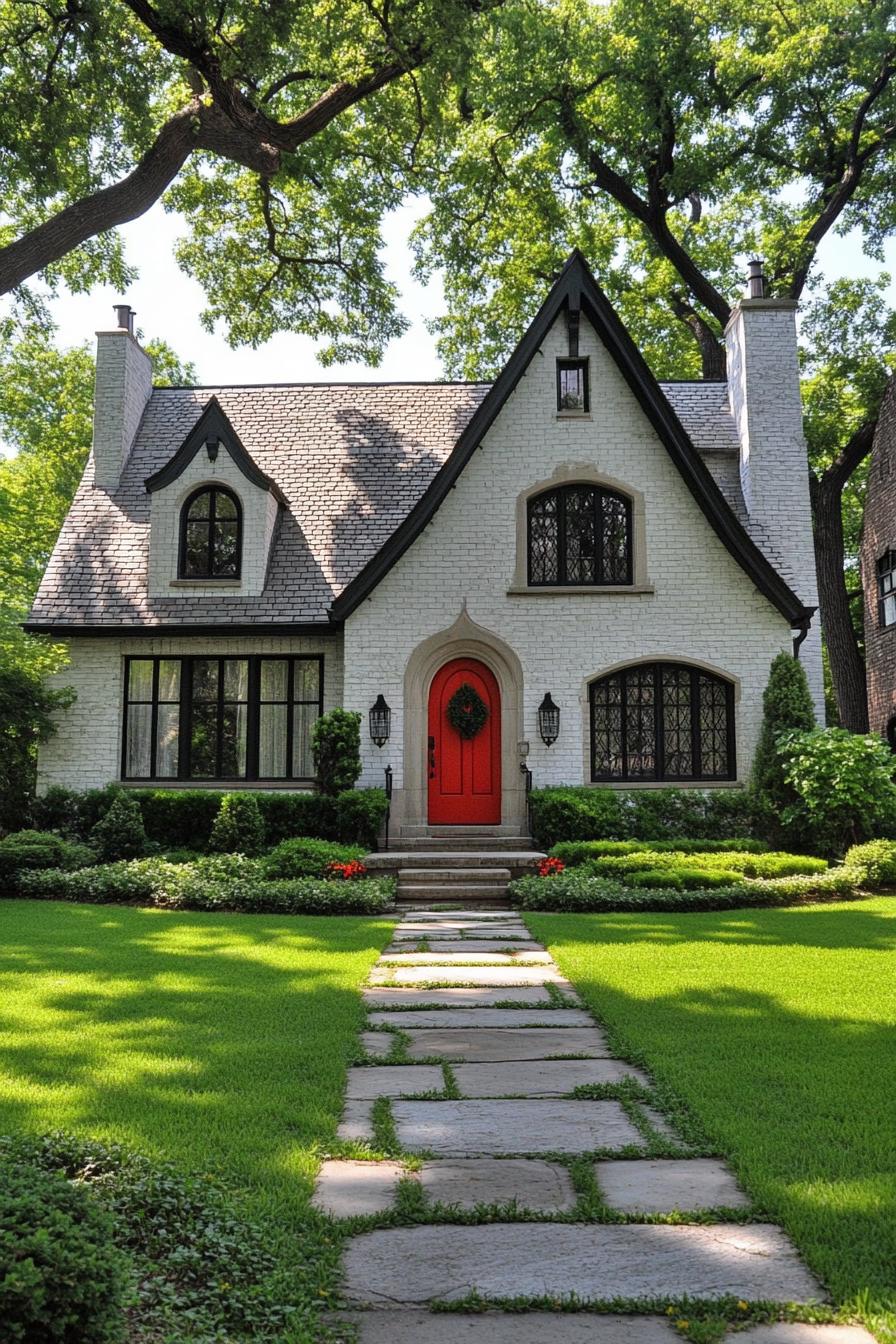 Charming house with a bold red door and lush greenery