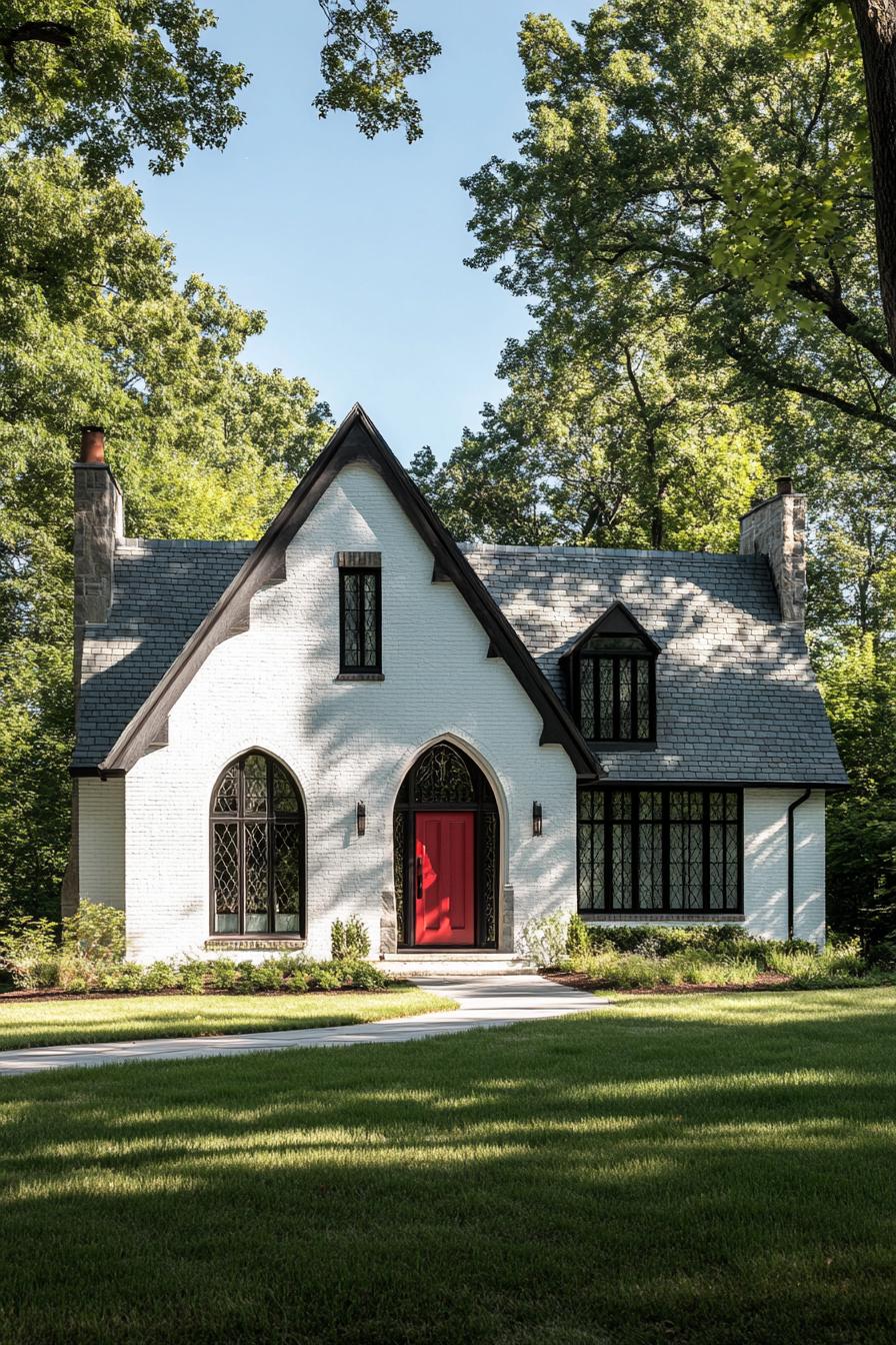 Modern Tudor house with a bold red door