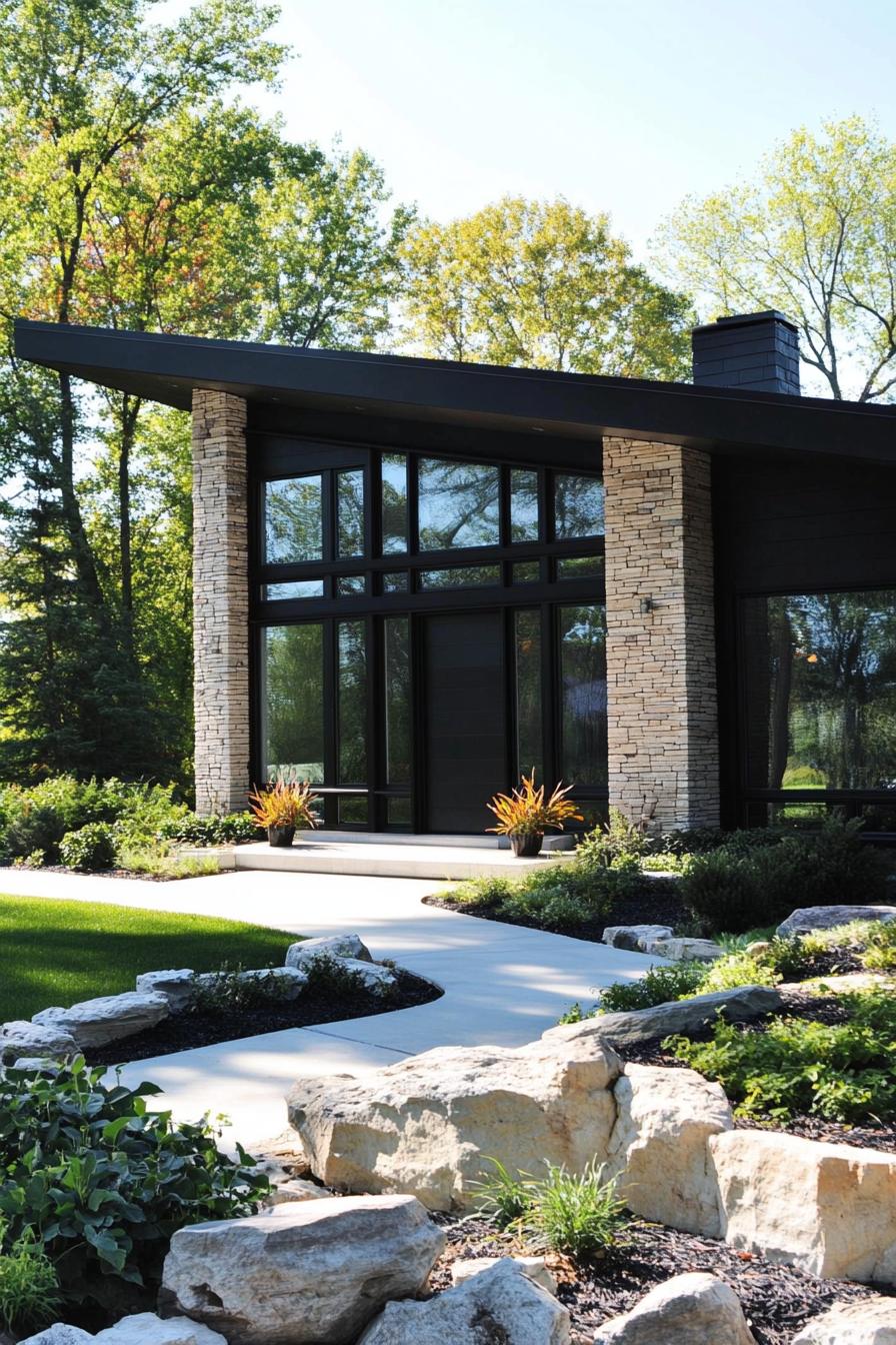 Contemporary house with stone exterior and lush garden