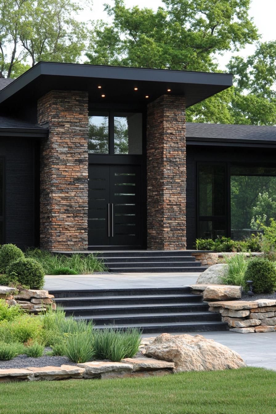 Modern house entrance with stone columns and lush greenery