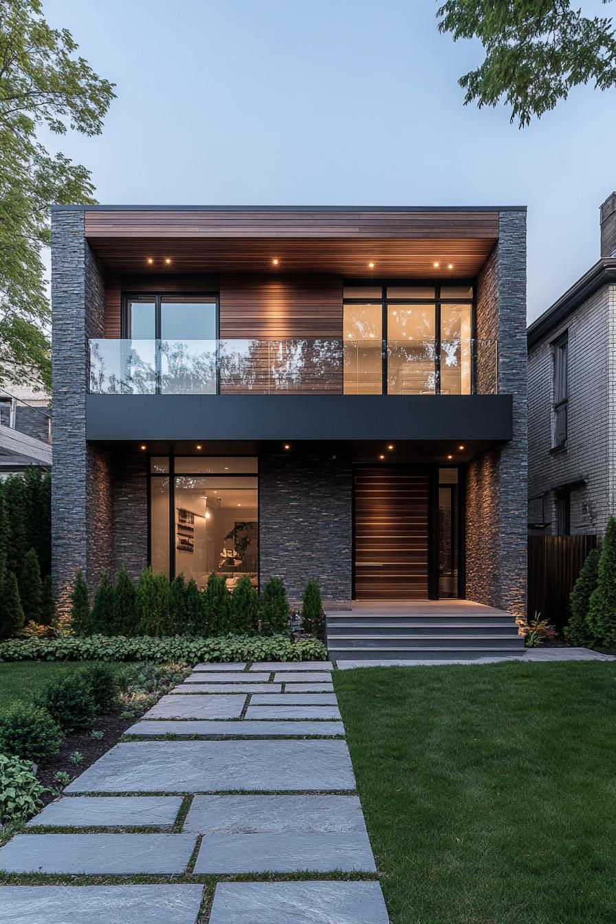 Modern villa with glass, wood, and stone facade