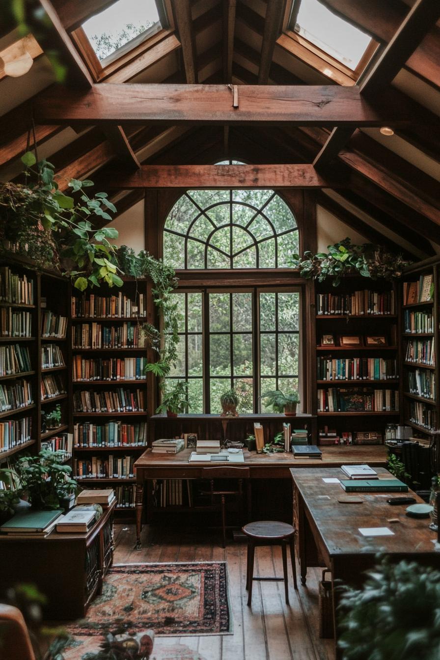 Cozy library with wooden beams and lush greenery