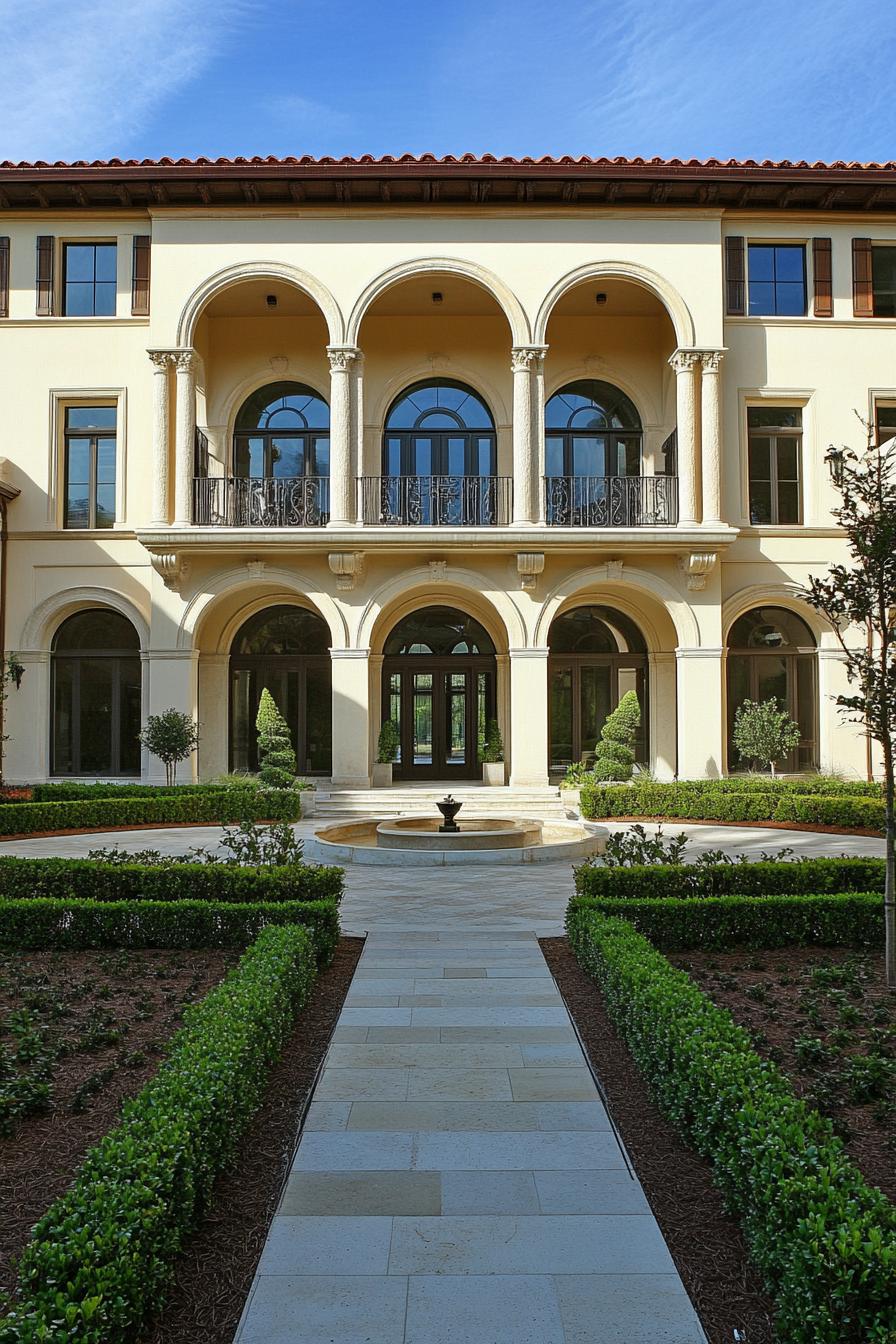 Elegant Mediterranean-style mansion with arches and a central courtyard fountain