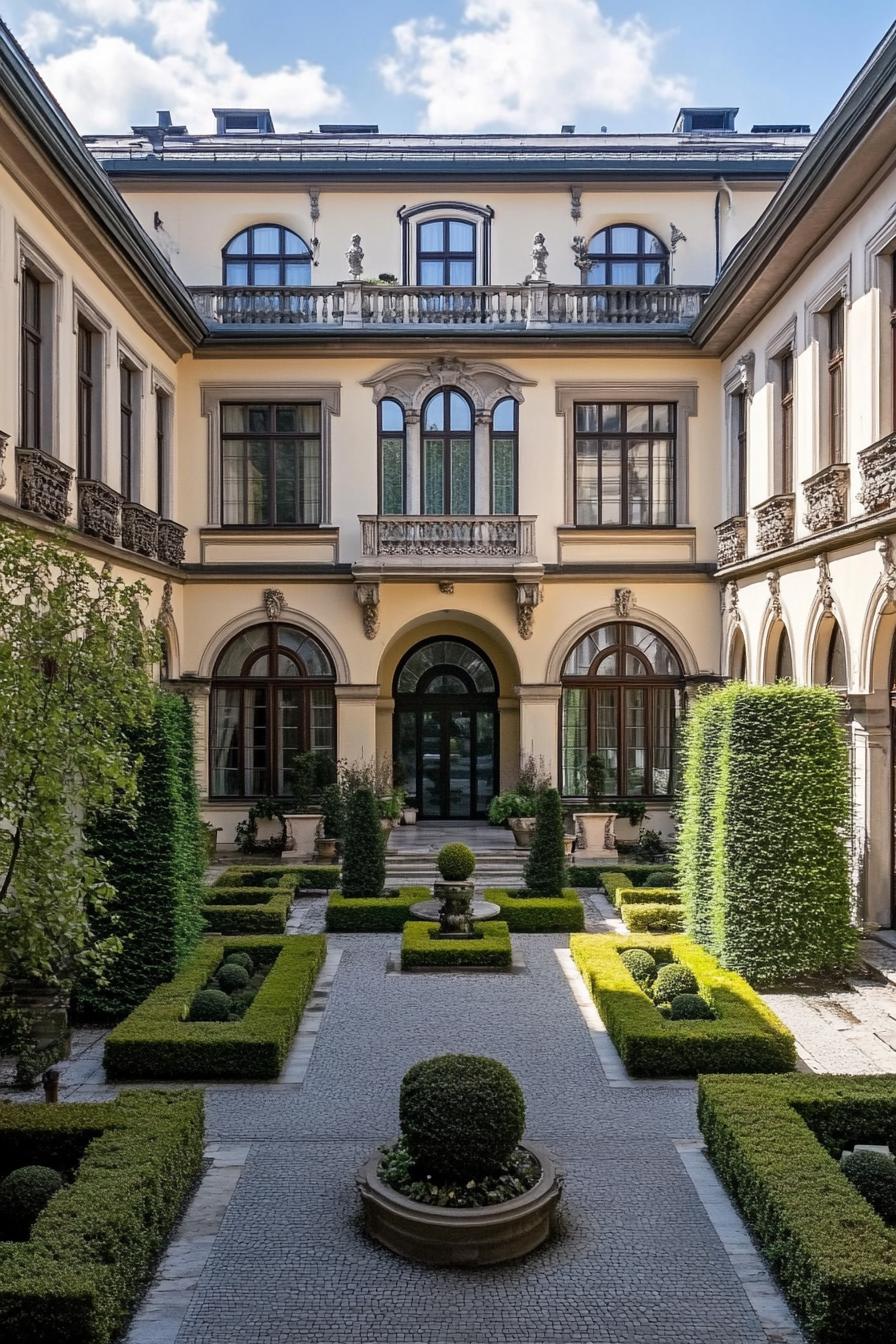 Elegant mansion with lush courtyard and symmetrical garden