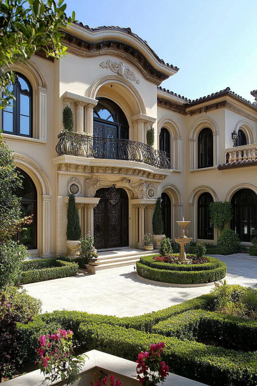 Upscale mansion with ornate balcony and lush garden