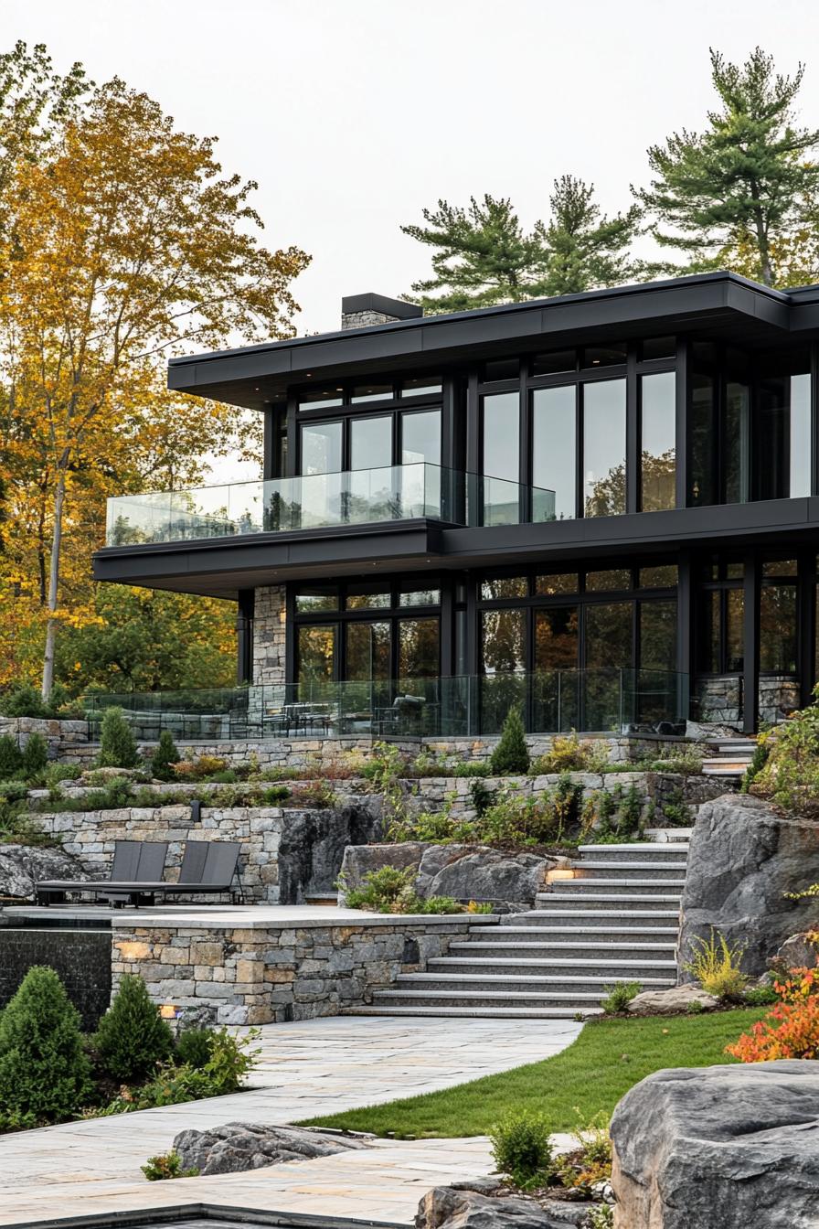 Modern house with large glass windows and stone terraces