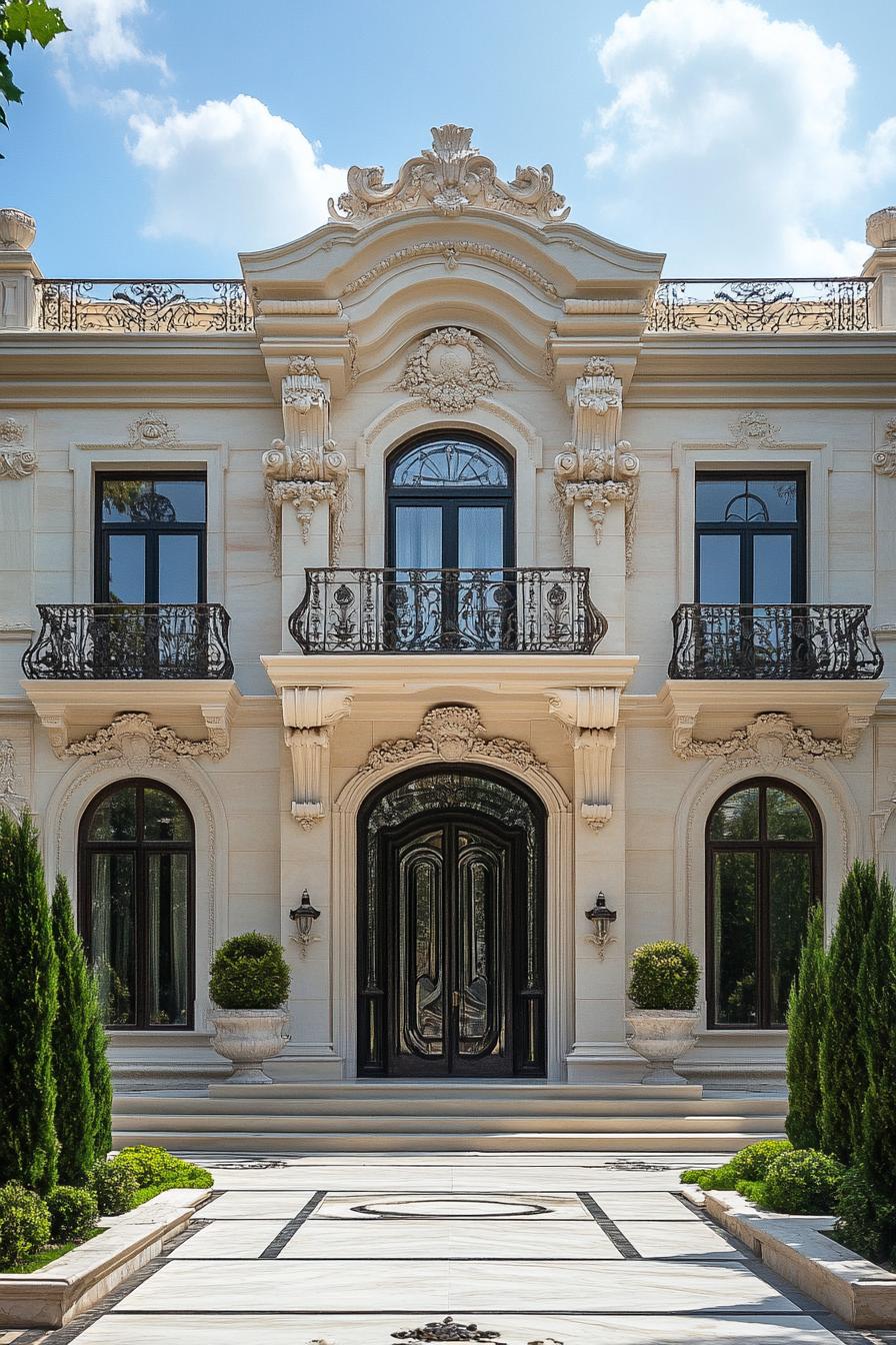 Stately mansion with intricate balconies and grand entrance