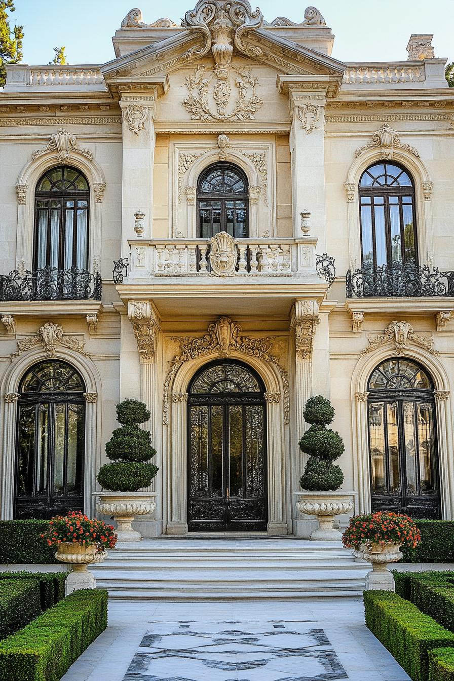 Elegant mansion featuring intricate stonework and lush greenery