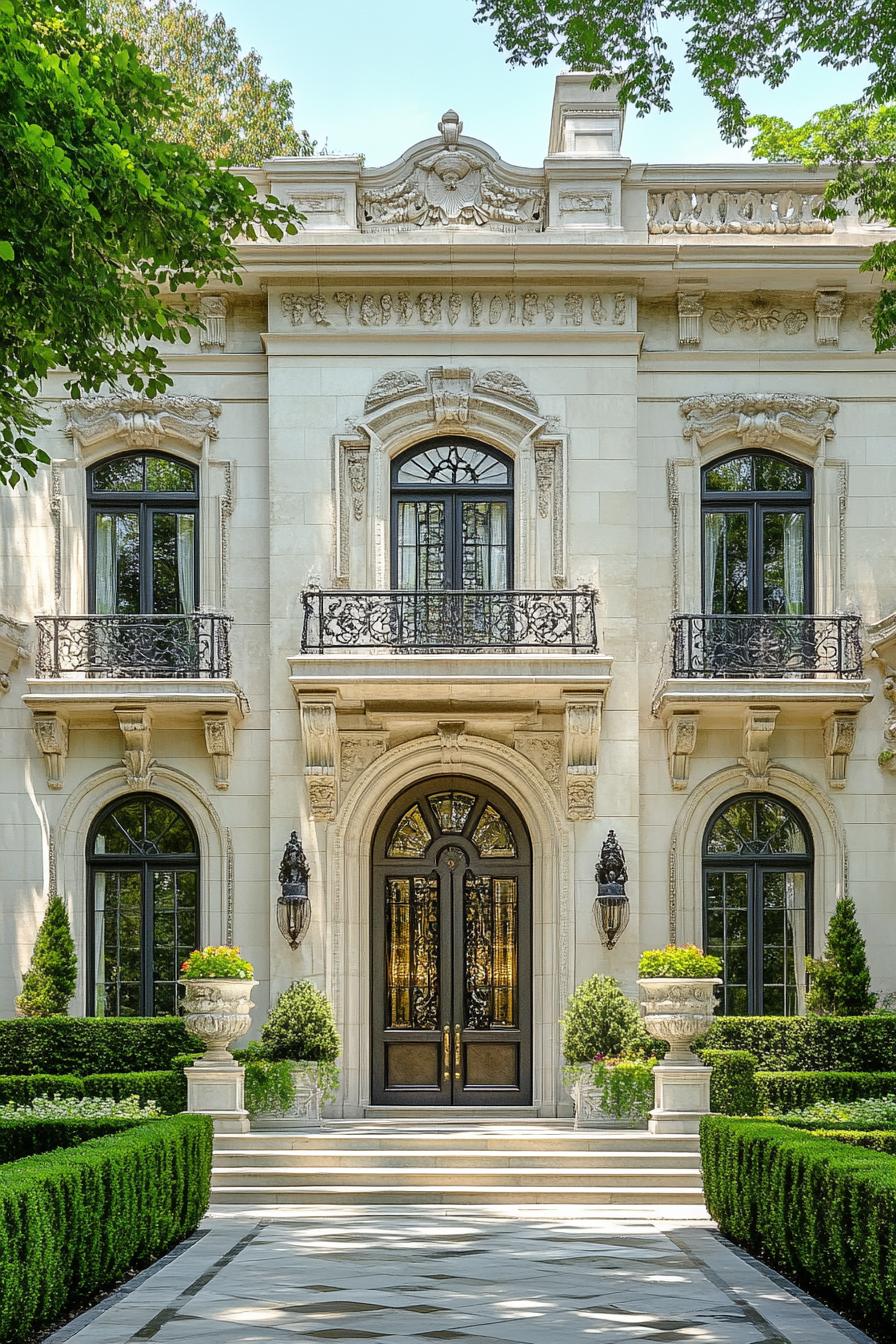 Ornate mansion facade with lush greenery