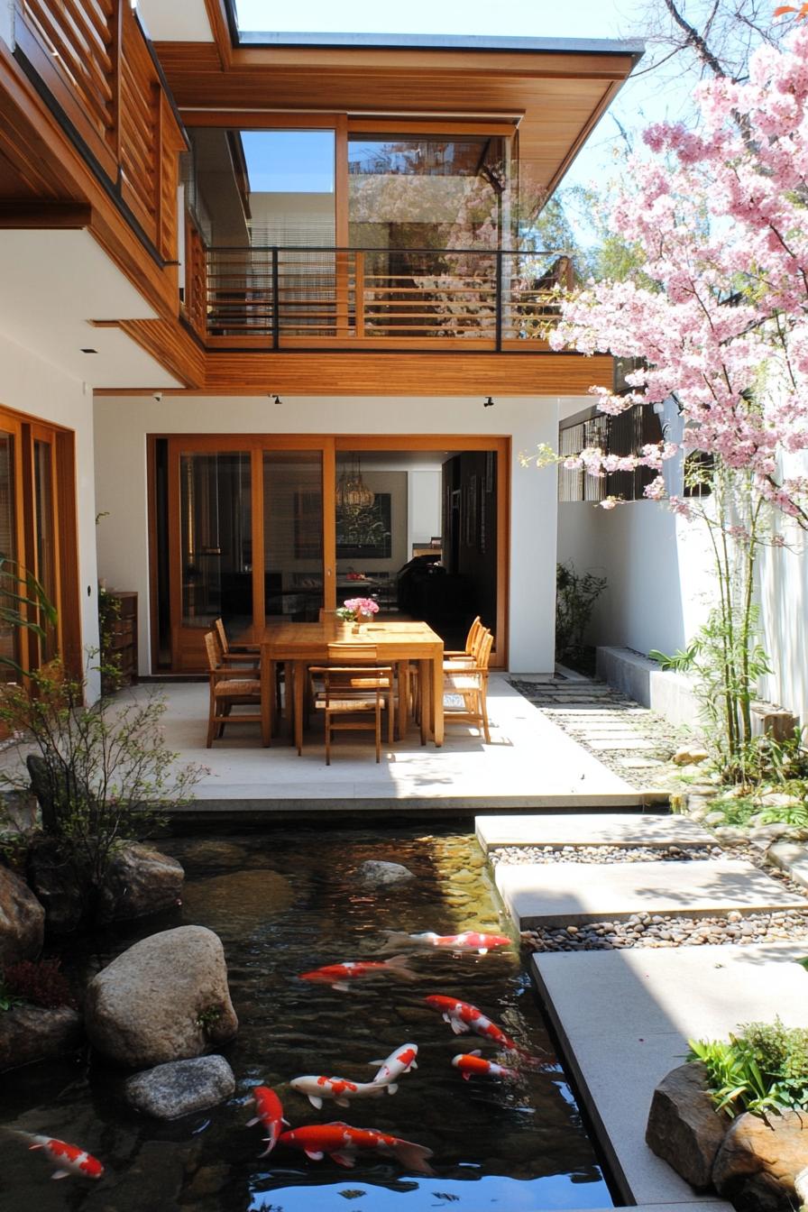 Japanese-inspired courtyard with koi pond and cherry blossom tree