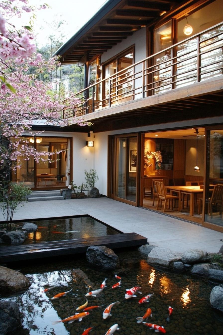 Japanese-style house with koi pond and cherry blossoms