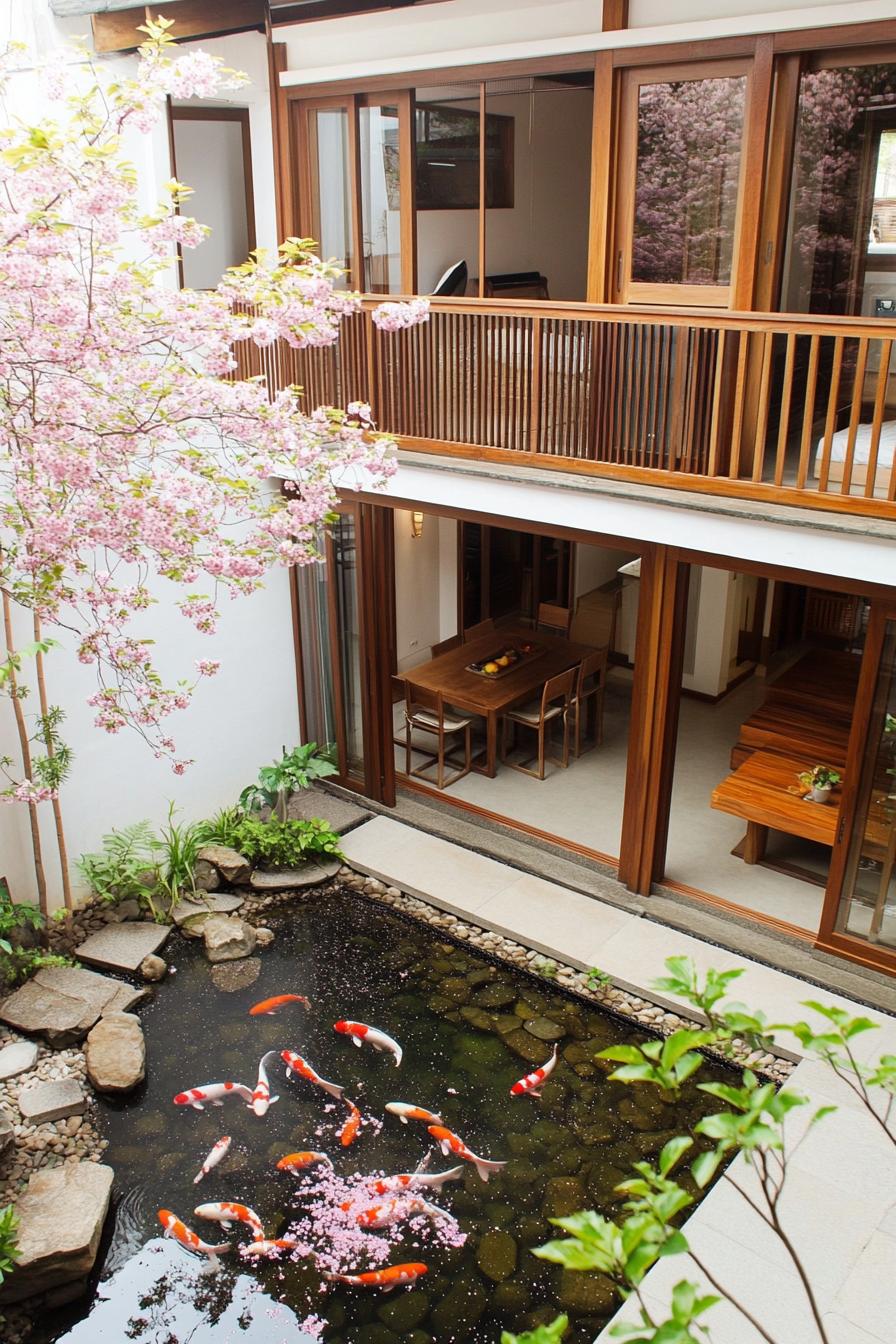 Koi swim in a Japanese courtyard pond surrounded by cherry blossoms