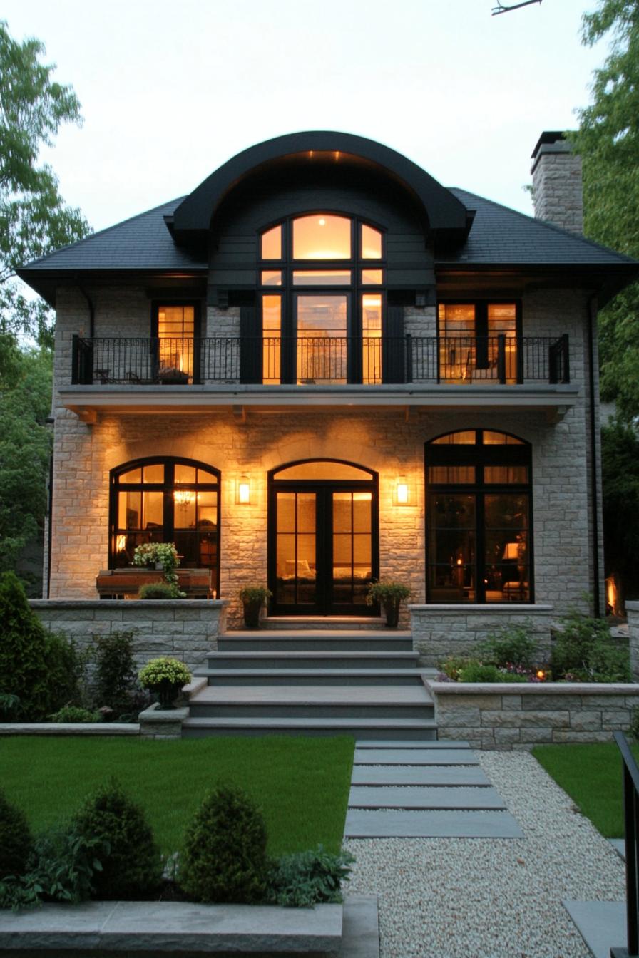 Two-story stone house with large arched windows glowing warmly