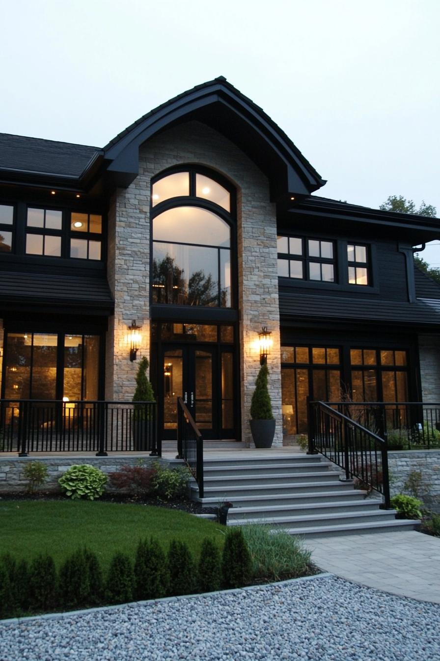 Modern stone house with large windows and staircase