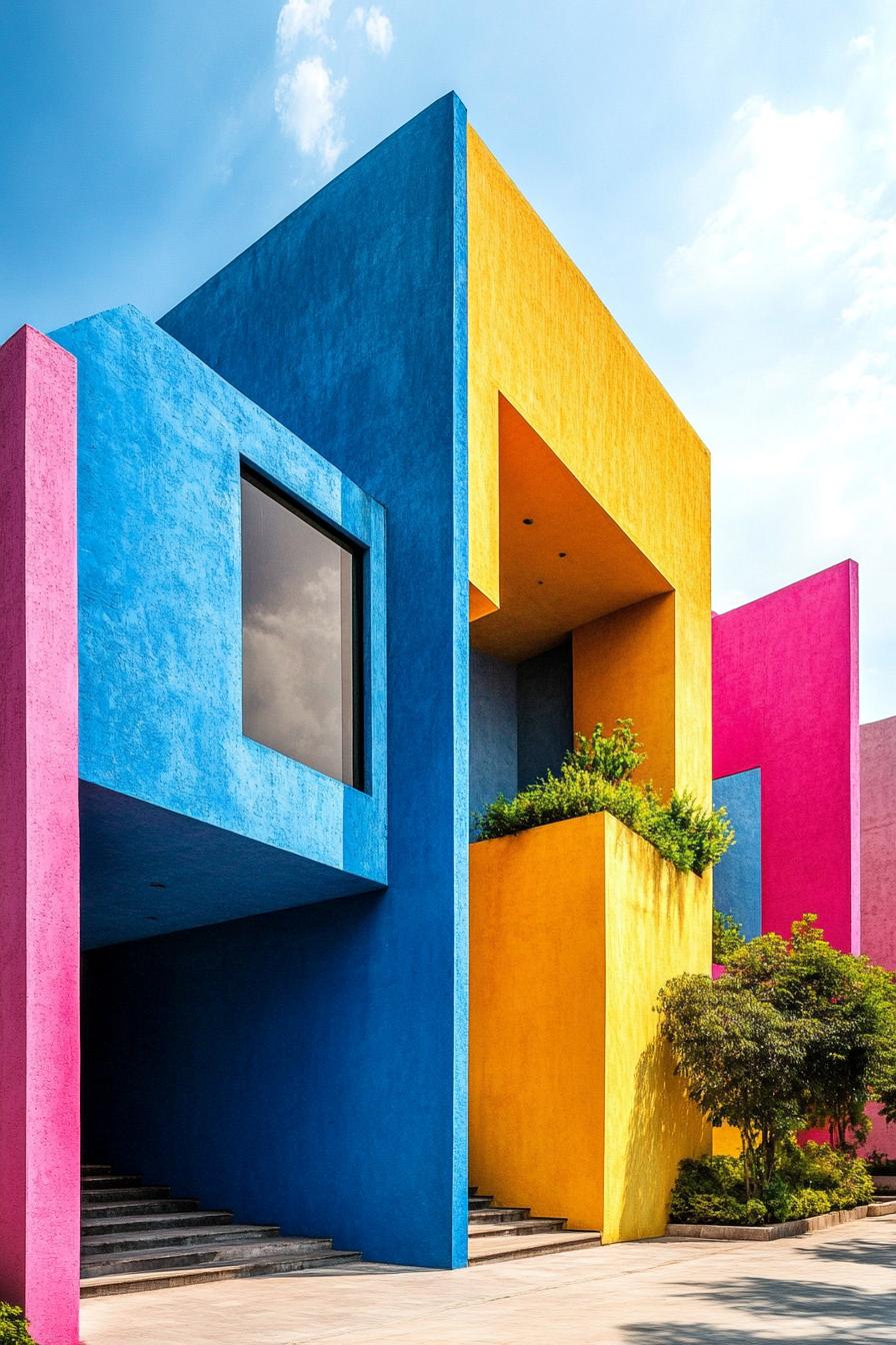 Vividly colored geometric house with blue, yellow, and pink facades