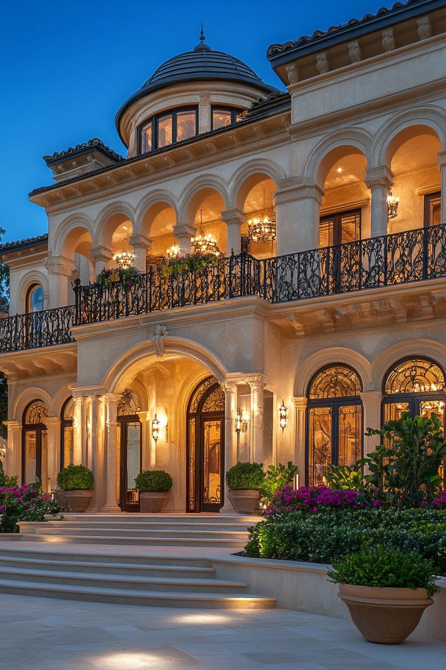 Beautifully lit mansion entrance at dusk