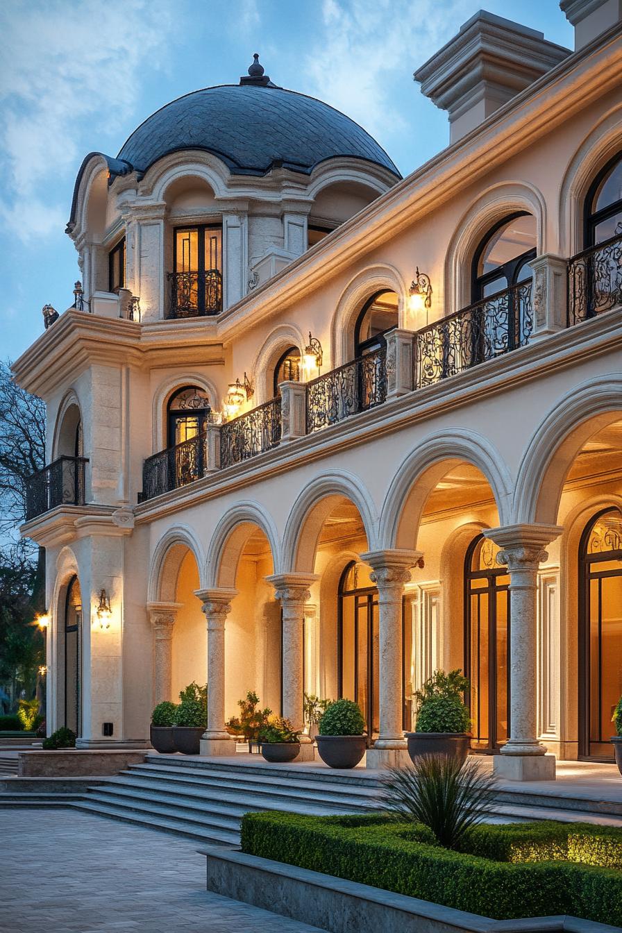 Mansion with large arched windows and steps