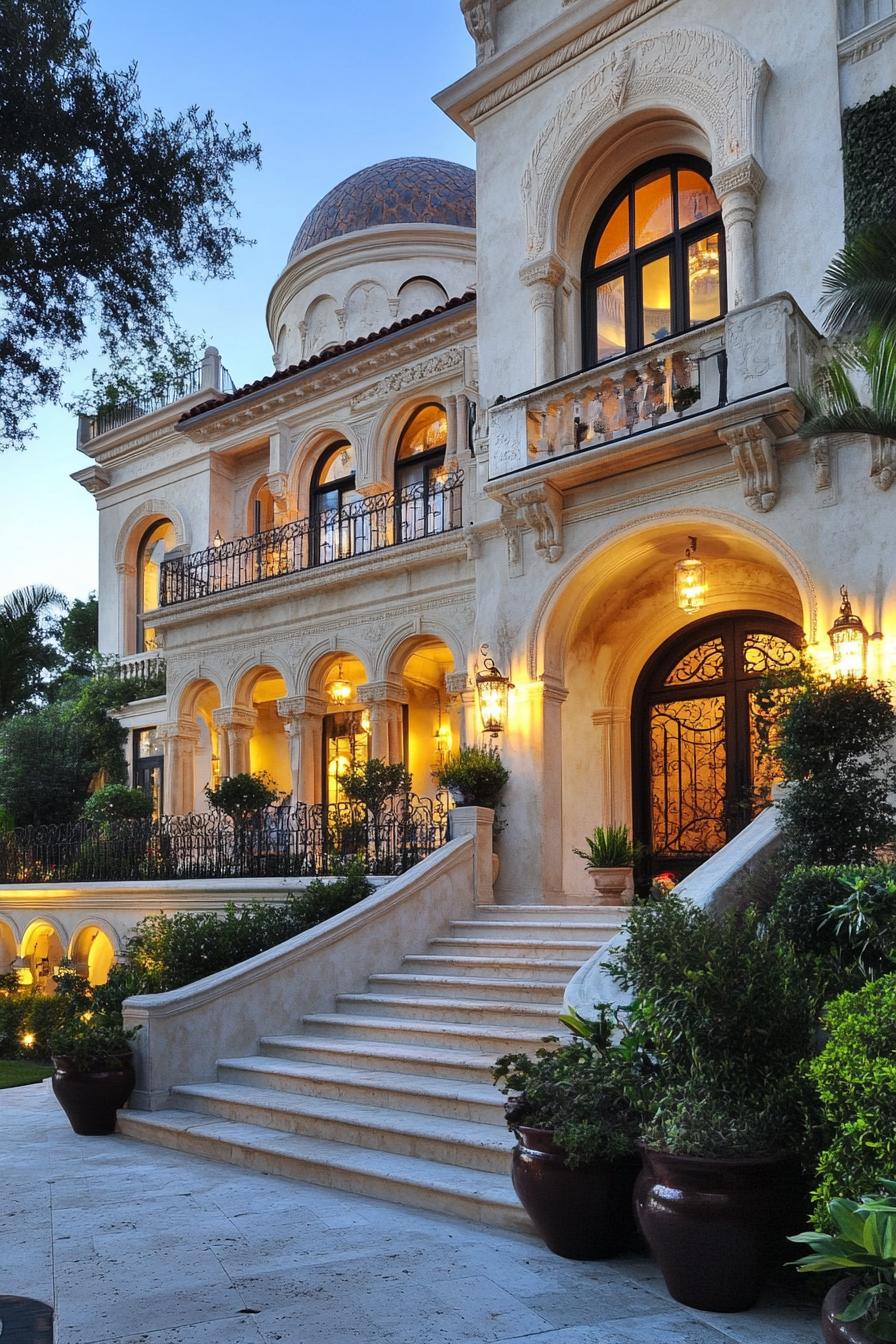 Elegant mansion facade with grand staircase and domed roof