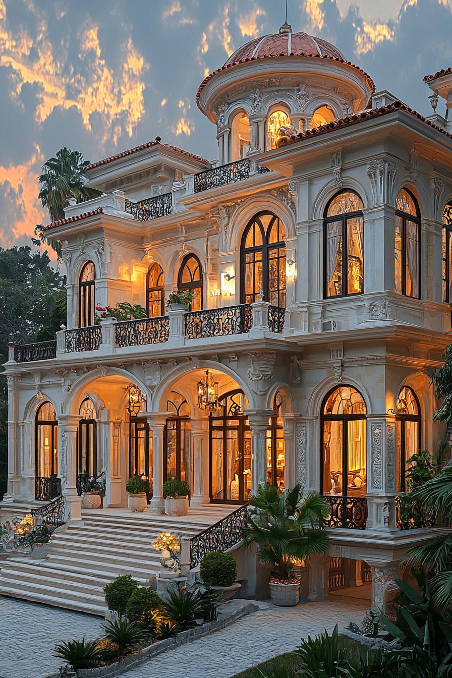 Illuminated mansion facade at dusk with grand entrance