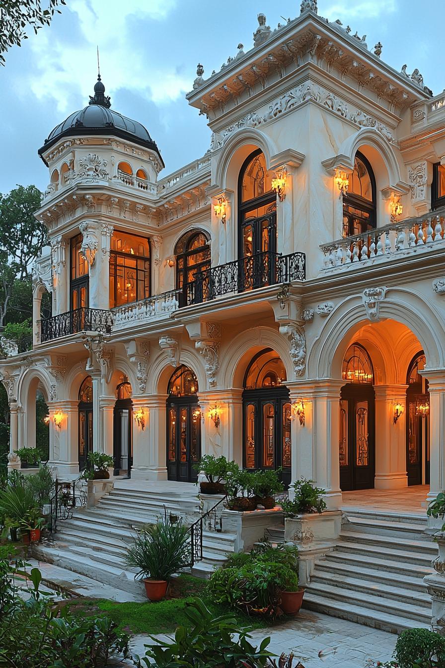 Illuminated classical mansion facade at dusk