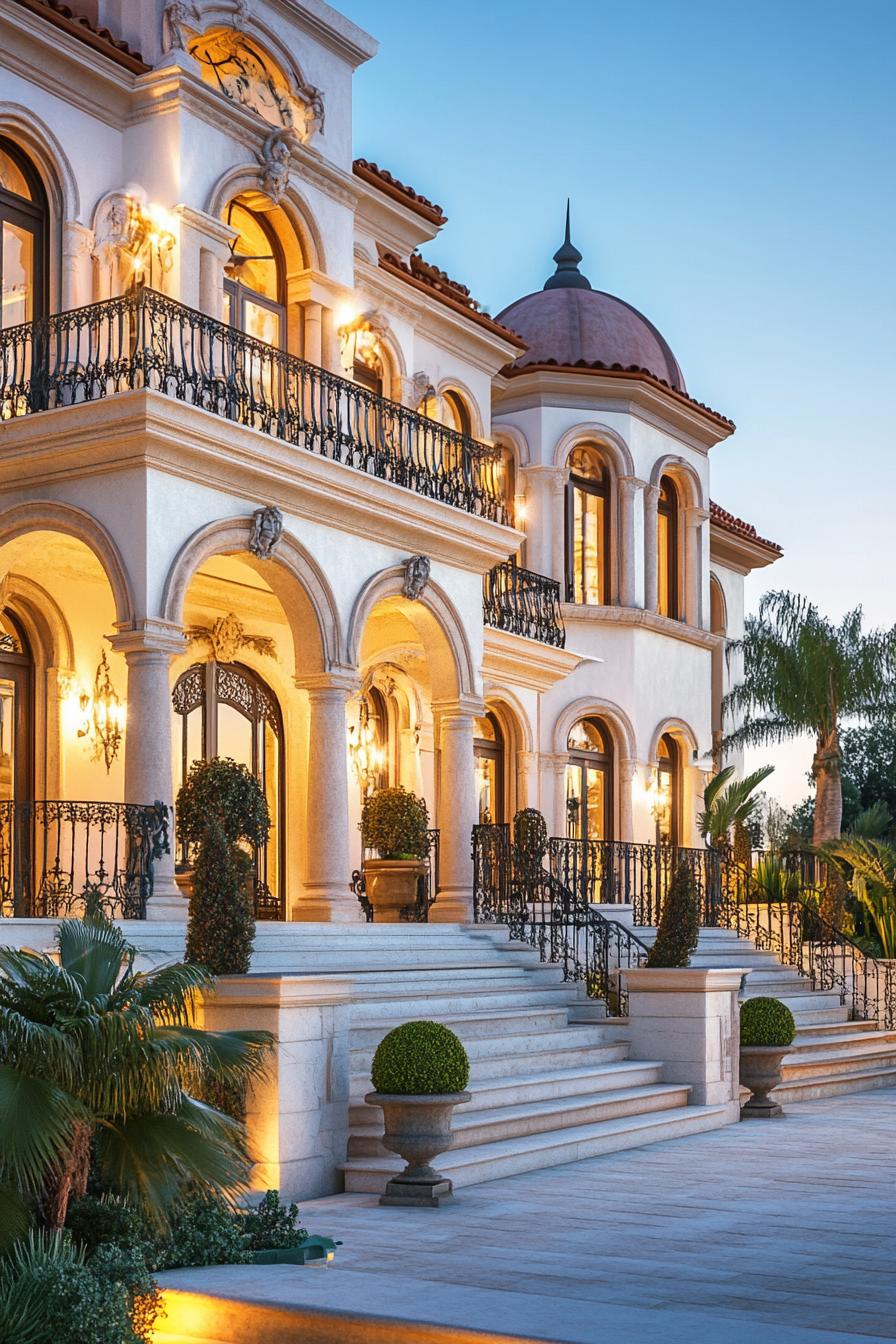 Majestic mansion facade with grand arches and intricate details