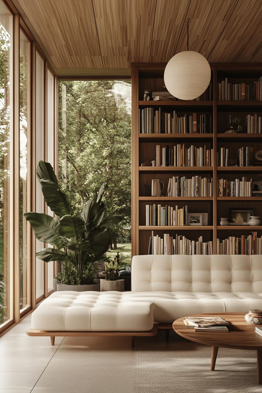 Mid-century living room with books, sofa, and plants