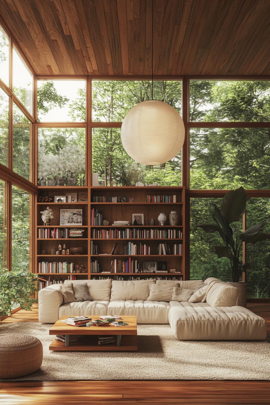 Cozy living room with a large bookshelf and lush greenery outside