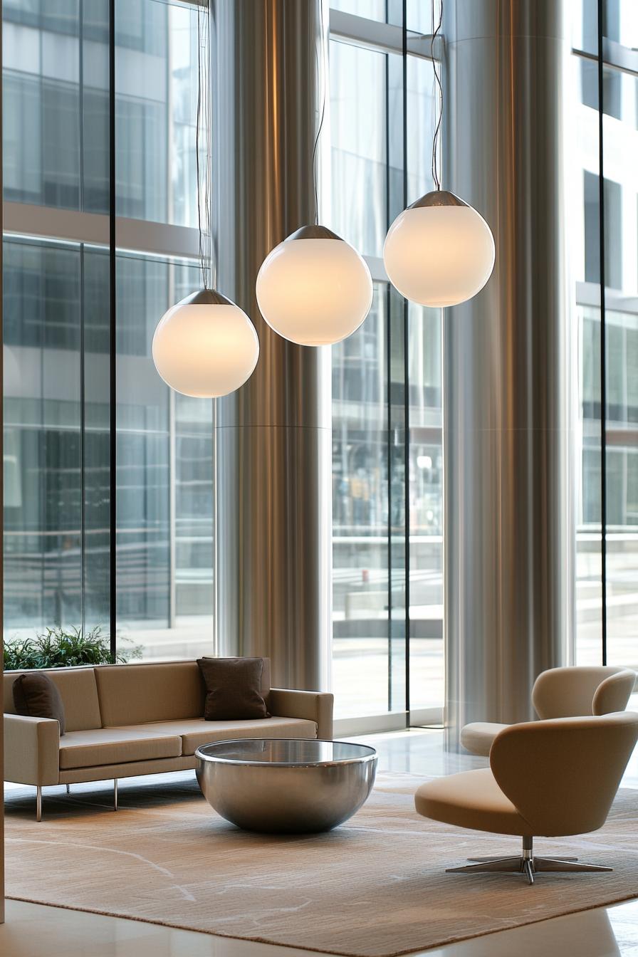 Modern lobby with hanging globe lights and chic seating